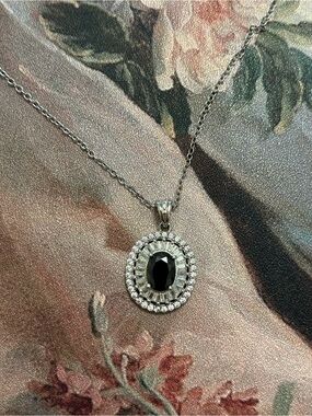 Black Onyx & Cubic Zirconia Sterling Silver Oval Halo Pendant Necklace